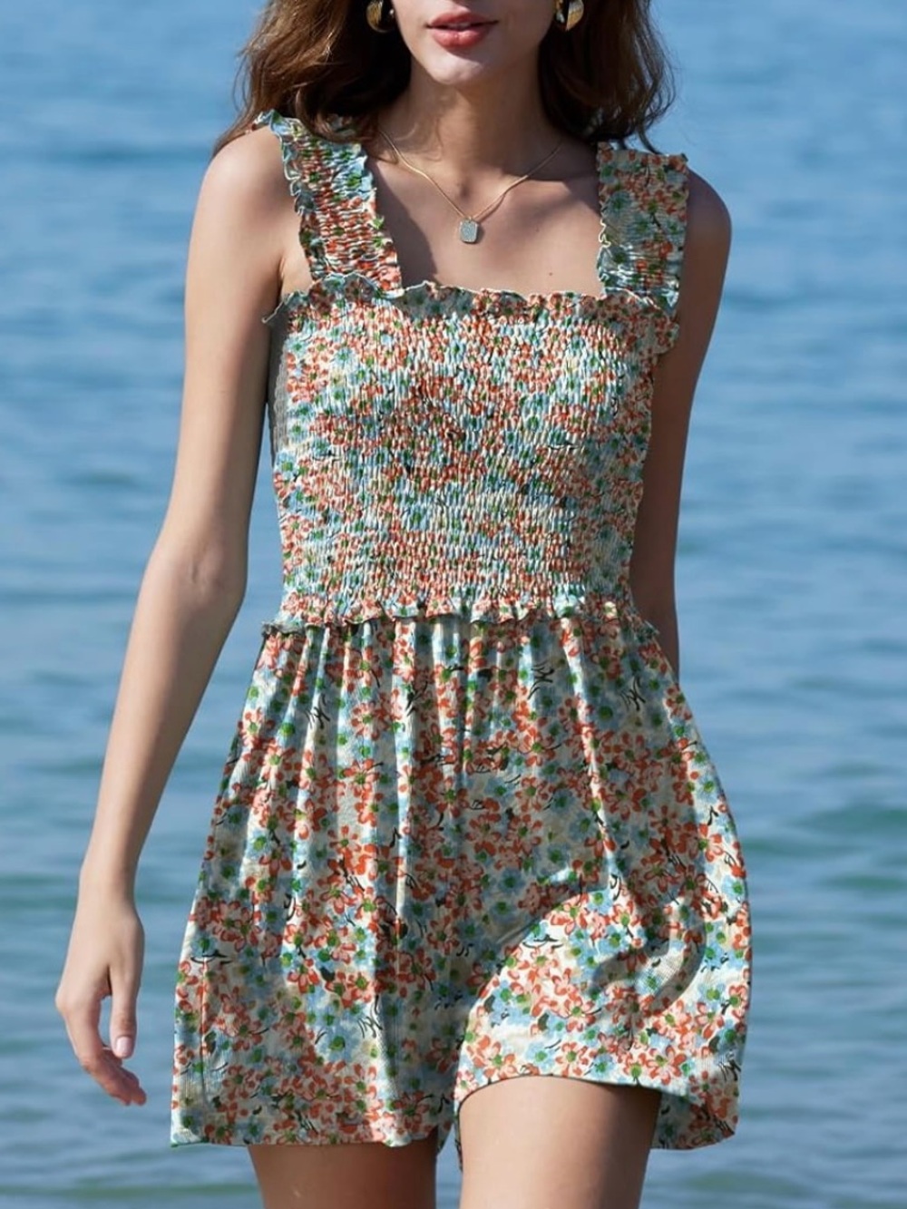 Smocked Floral Sundress Romper in Touquise Peach and White